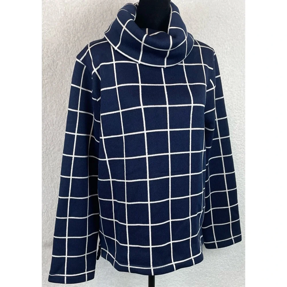 J. CREW • Blue/White Square Grid Windowpane Long Sleeve Turtleneck Sweater, L - Picture 9 of 15